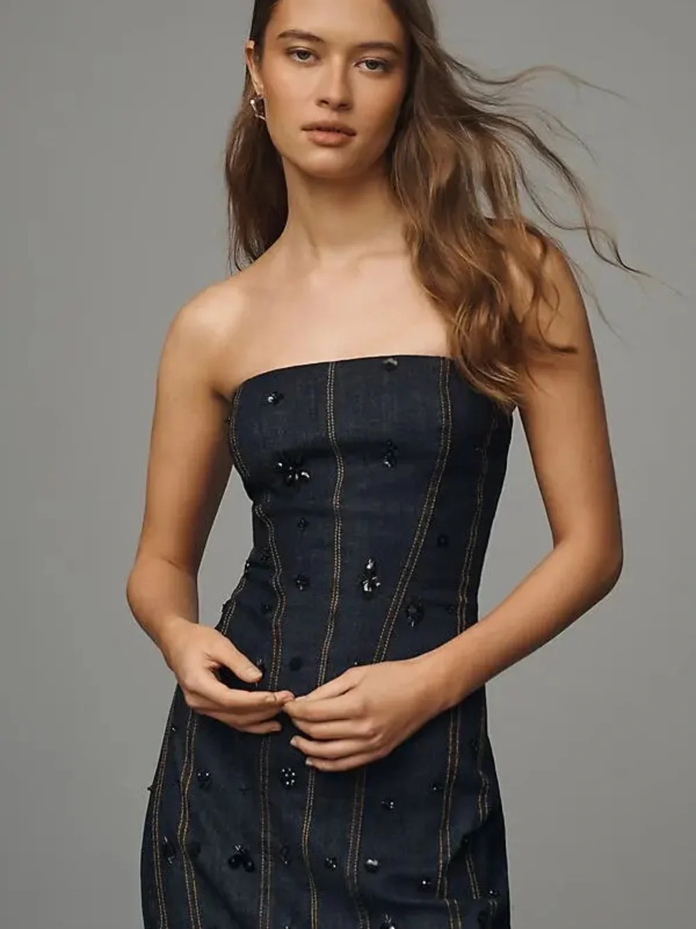 NWOT Anthropologie stretch denim beaded body con dress size XL - Picture 2 of 5